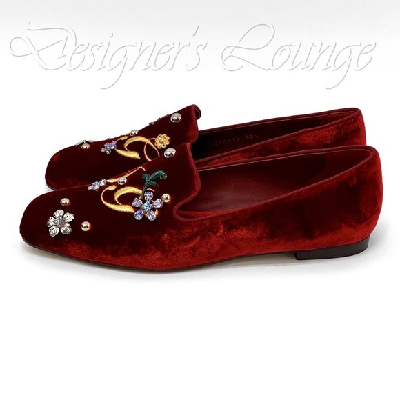 NIB DOLCE & GABBANA Red Velvet Crystal Loafers - Picture 5 of 8